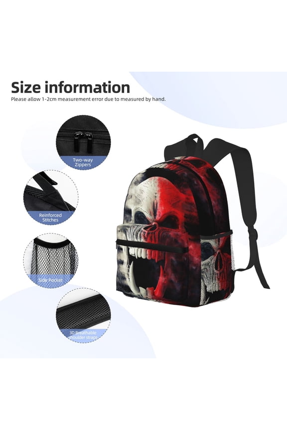 Red And White Screaming Demon Skull Print Backpack, Waterproof Backpack with Adjustable Shoulder Straps, Suitable for Campus, Business, Travel, Unisex