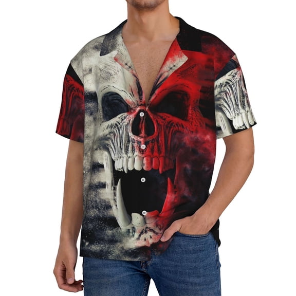 Gukieu Red And White Screaming Demon Skull Print Men's Short-sleeved Shirts, Button-down Pocket Shirts, T-shirts, Beach Vacation Travel Summer Clothing-Medium