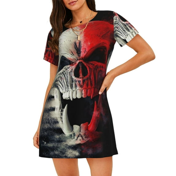 Gukieu Red And White Screaming Demon Skull Print Women's Nightgown, A-line Round Neck Short-sleeved Nightgown Pajamas Home Wear Suitable for Home and Outing