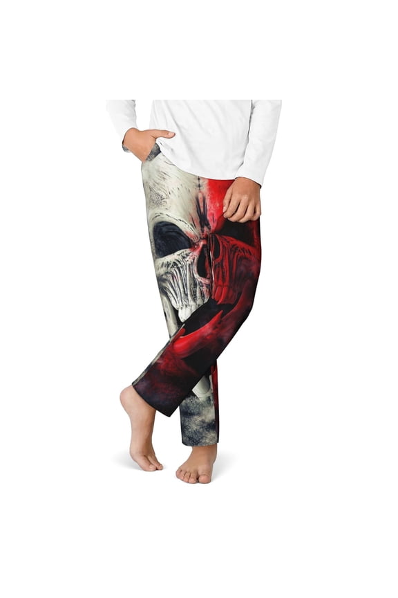 Red And White Screaming Demon Skull Print Youth Home Trousers, Elastic Waistband with Pockets for Home and Outing, Suitable for Children Aged 5-16-Small