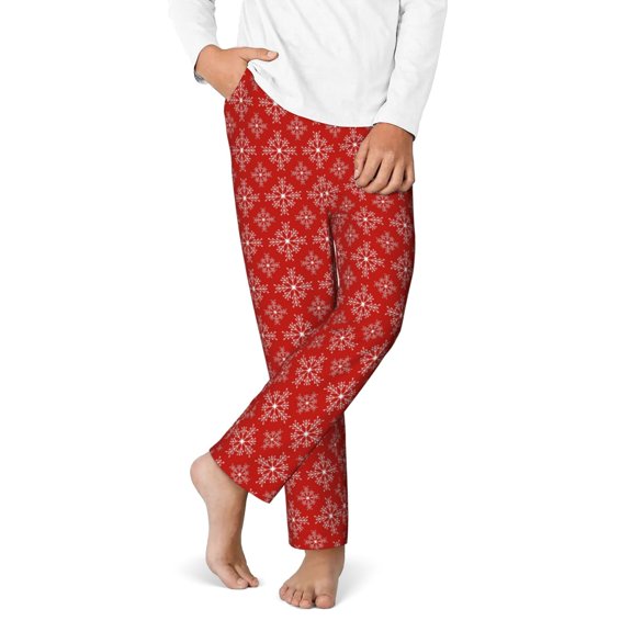 Gukieu Red White Snowflakes Print Youth Home Trousers, Elastic Waistband with Pockets for Home and Outing, Suitable for Children Aged 5-16-Small