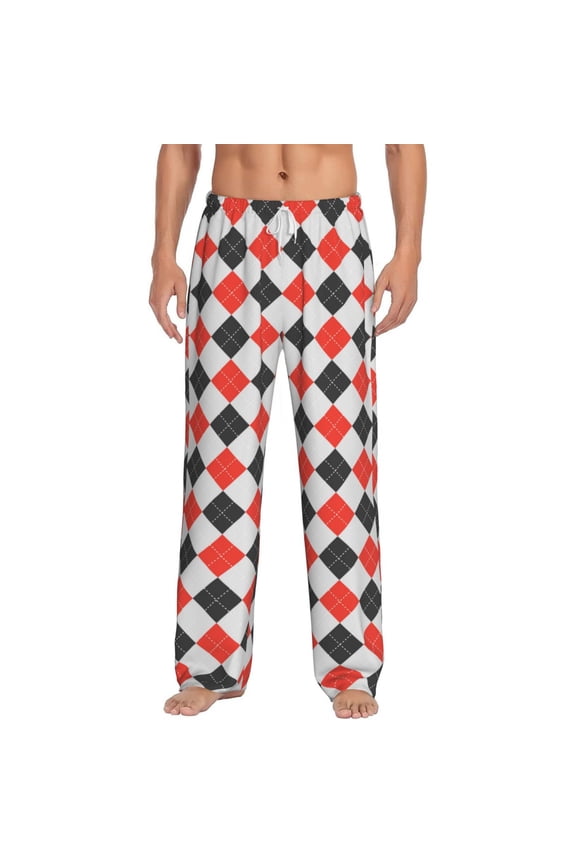 Red and black argyle Print Men's Home Trousers, Elastic Drawstring Home Pajamas Clothing Suitable for Adult Men-Large