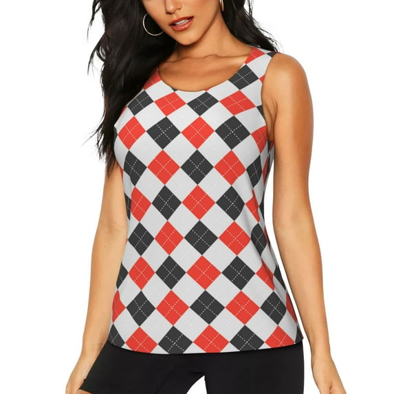 Gukieu Red and black argyle Print Women's Quick-drying Fitness Vest, Round Neck Sleeveless Fitness T-shirt, Suitable for Yoga, Sports-XX-Large