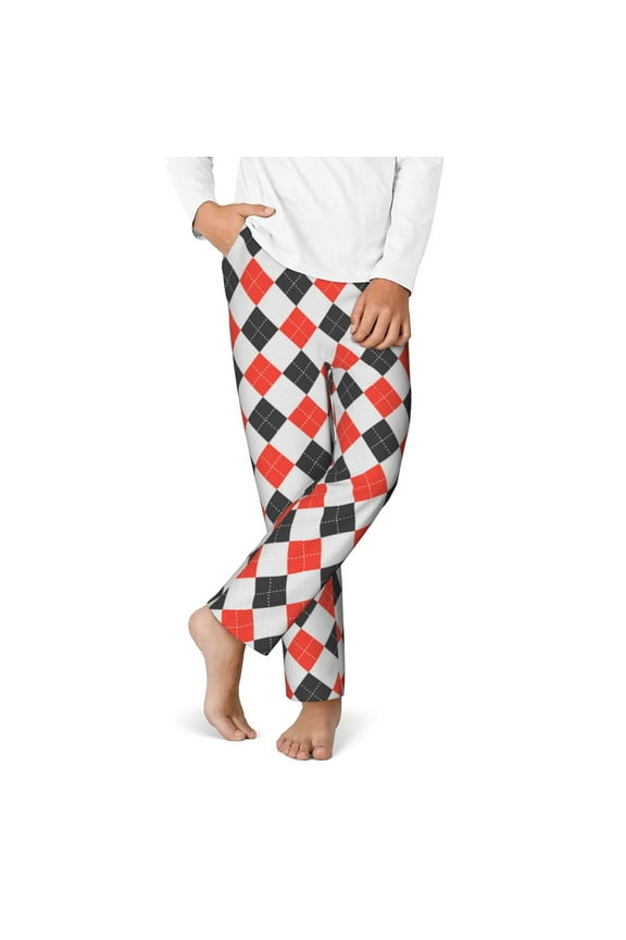 Red and black argyle Print Youth Home Trousers, Elastic Waistband with Pockets for Home and Outing, Suitable for Children Aged 5-16-Medium