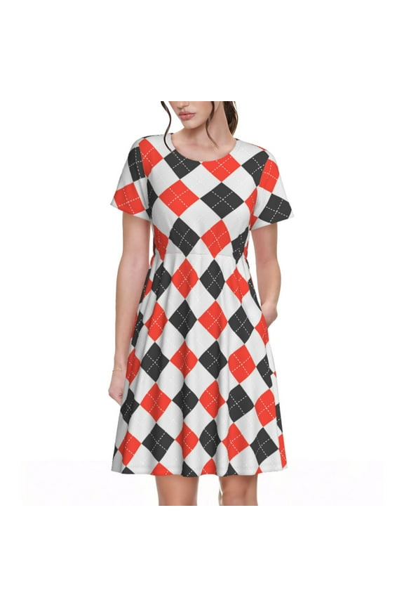 Red and black argyle Print Women's Short Sleeve Dress, Elastic Waistband A-line with Pockets Summer Dress, Suitable for Daily Leisure, Work, Vacation