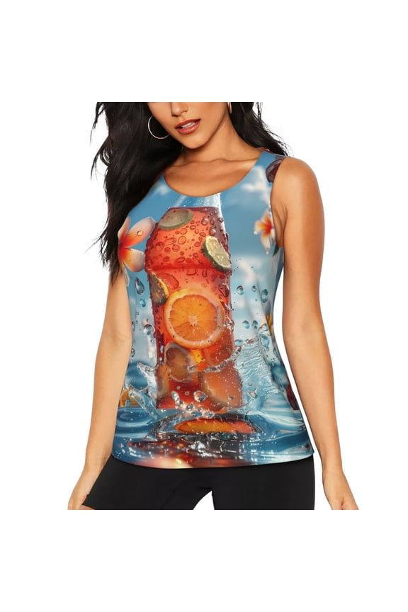 Refreshing Citrus Splash Print Women's Quick-drying Fitness Vest, Round Neck Sleeveless Fitness T-shirt, Suitable for Yoga, Sports-Small