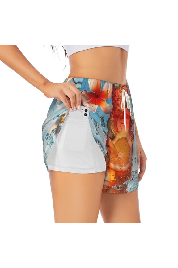 Refreshing Citrus Splash Print Women's Sports Shorts with Drawstring Elastic Waistband for Running, Yoga, Fitness-Medium