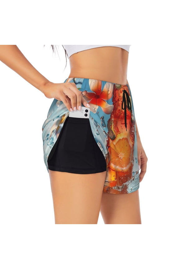 Refreshing Citrus Splash Print Women's Sports Shorts with Drawstring Elastic Waistband for Running, Yoga, Fitness-Small