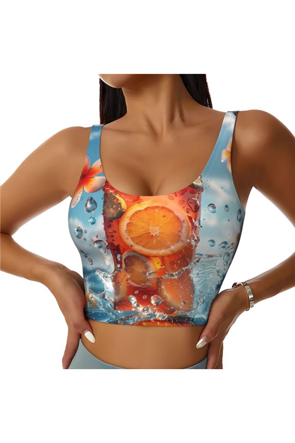 Refreshing Citrus Splash Print Women's Sports Vest, Low-neck U-shaped Removable Pad Sports Bra for Yoga, Exercise, Dance-Medium