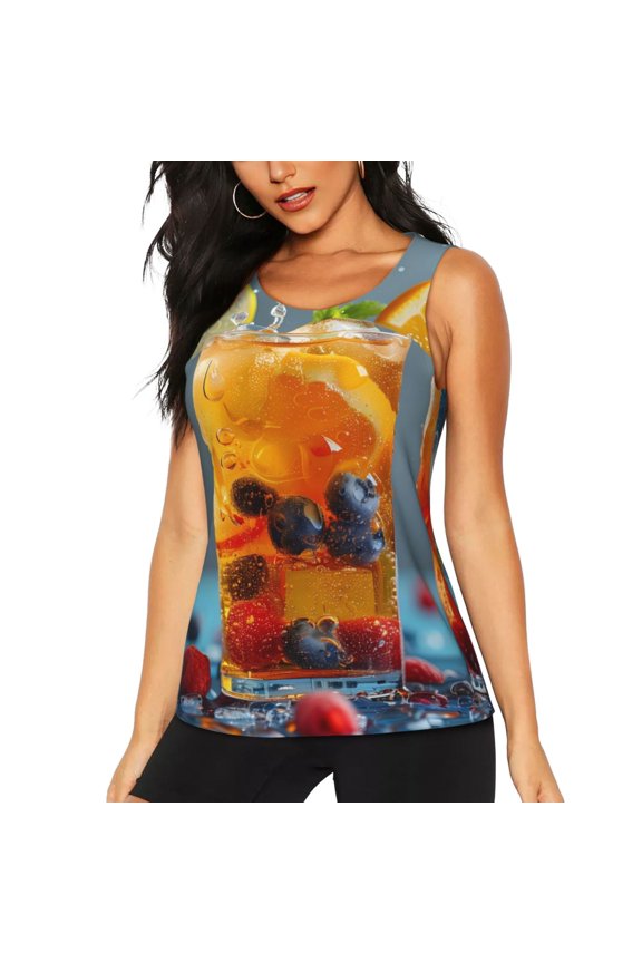 Refreshing Fruit Infused Drinks Print Women's Quick-drying Fitness Vest, Round Neck Sleeveless Fitness T-shirt, Suitable for Yoga, Sports-XX-Large