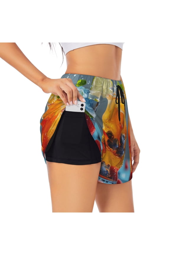 Refreshing Fruit Infused Drinks Print Women's Sports Shorts with Drawstring Elastic Waistband for Running, Yoga, Fitness-XX-Large