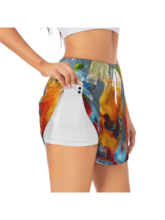 Refreshing Fruit Infused Drinks Print Women's Sports Shorts with Drawstring Elastic Waistband for Running, Yoga, Fitness-XX-Large