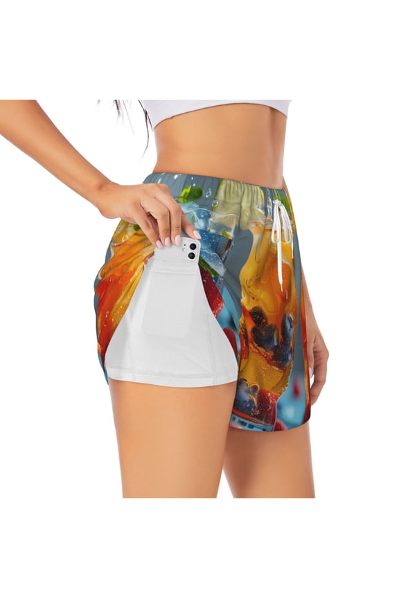 Refreshing Fruit Infused Drinks Print Women's Sports Shorts with Drawstring Elastic Waistband for Running, Yoga, Fitness-XX-Large