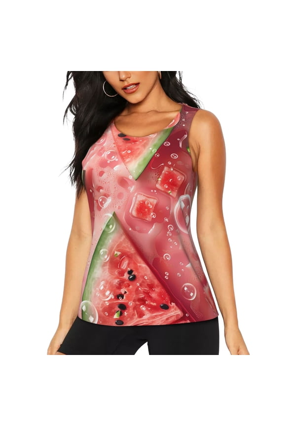 Refreshing Watermelon Slices Print Women's Quick-drying Fitness Vest, Round Neck Sleeveless Fitness T-shirt, Suitable for Yoga, Sports-X-Large