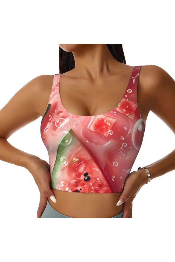 Refreshing Watermelon Slices Print Women's Sports Vest, Low-neck U-shaped Removable Pad Sports Bra for Yoga, Exercise, Dance-XX-Large