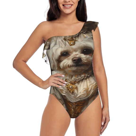 Gukieu Regal Dog In Royal Attire Print One-shoulder Ruffled One-piece Swimsuit with Removable Chest Pads and Tummy-control Swimsuit for Women-Small