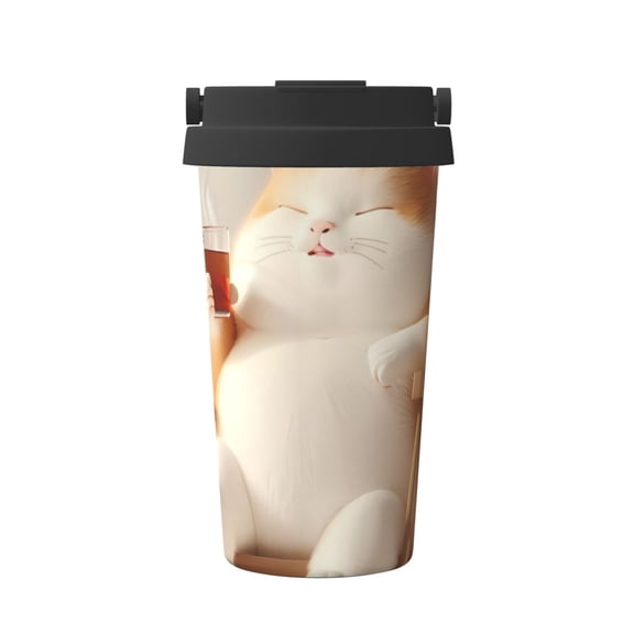 Gukieu Relaxing Cat With Tea Print Insulated Coffee Cup, Portable Stainless Steel Vacuum Cup with Lid, Unisex, Suitable for Office, Cafe, Car