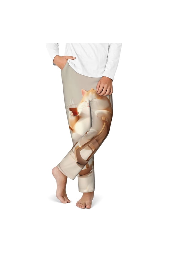 Relaxing Cat With Tea Print Youth Home Trousers, Elastic Waistband with Pockets for Home and Outing, Suitable for Children Aged 5-16-Small