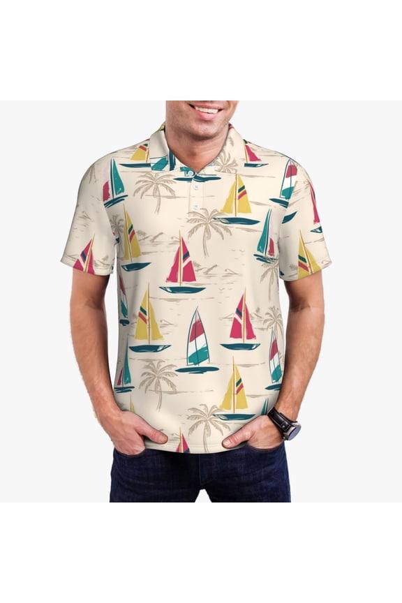 Reto Marine Nautical Print Men's Quick-drying POLO Shirt, Button-down Summer T-shirt, Suitable for Work and Outdoor Activities-Small
