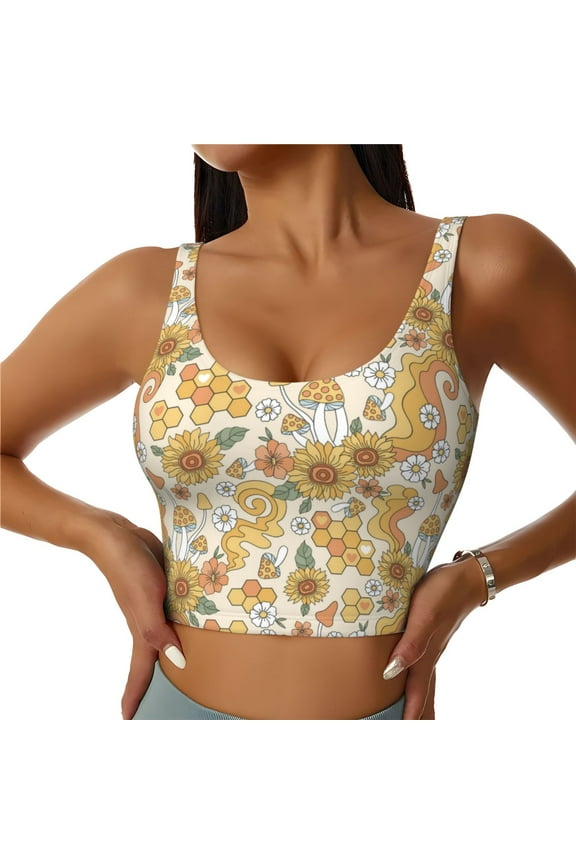 Retro 70s 60s Flower Print Women's Sports Vest, Low-neck U-shaped Removable Pad Sports Bra for Yoga, Exercise, Dance-Small