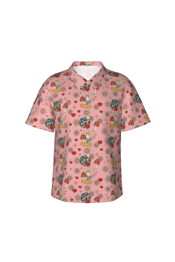 Retro 70s 60s Hippie Flower Print Men's Short-sleeved Shirts, Button-down Lapel Hawaiian Shirts, T-shirts, Beach Vacation Summer Casual Wear,X-Large