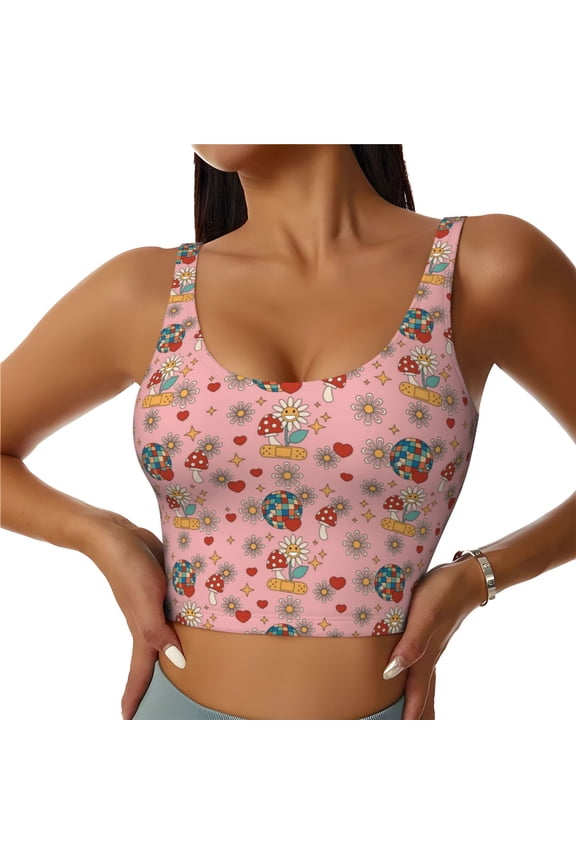 Retro 70s 60s Hippie Flower Print Women's Sports Vest, Low-neck U-shaped Removable Pad Sports Bra for Yoga, Exercise, Dance-Medium