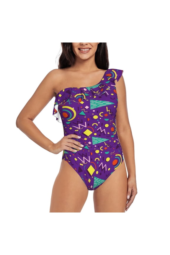 Retro 80s Style Print One-shoulder Ruffled One-piece Swimsuit with Removable Chest Pads and Tummy-control Swimsuit for Women-Large