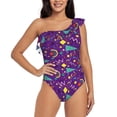 thumbnail image 1 of Gukieu Retro 80s Style Print One-shoulder Ruffled One-piece Swimsuit with Removable Chest Pads and Tummy-control Swimsuit for Women-Large, 1 of 6