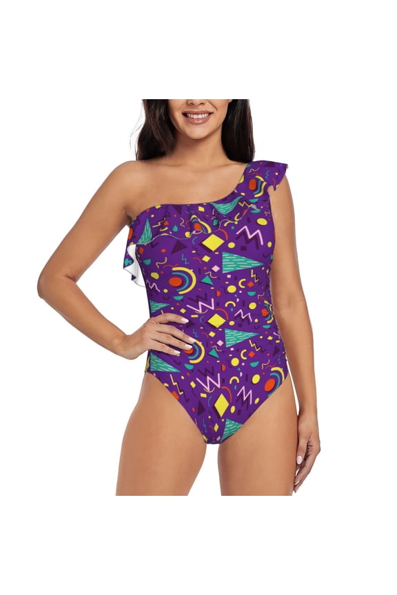 Retro 80s Style Print One-shoulder Ruffled One-piece Swimsuit with Removable Chest Pads and Tummy-control Swimsuit for Women-Large