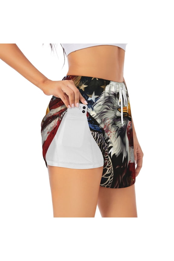 Retro American Eagle A Print Women's Sports Shorts with Drawstring Elastic Waistband for Running, Yoga, Fitness-Large