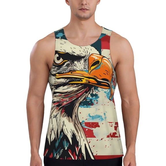 Gukieu Retro American Eagle Print Men's Quick Dry Fitness Vest, Round Neck Sleeveless Fitness Bodybuilding Top-Large