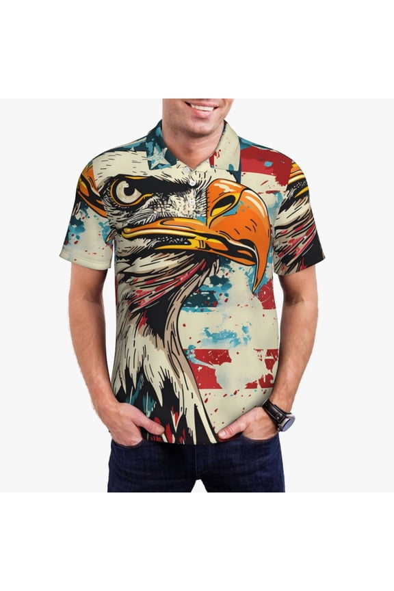 Retro American Eagle Print Men's Quick-drying POLO Shirt, Button-down Summer T-shirt, Suitable for Work and Outdoor Activities-Small