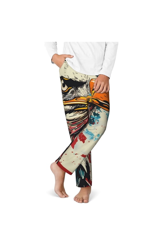 Retro American Eagle Print Youth Home Trousers, Elastic Waistband with Pockets for Home and Outing, Suitable for Children Aged 5-16-Small
