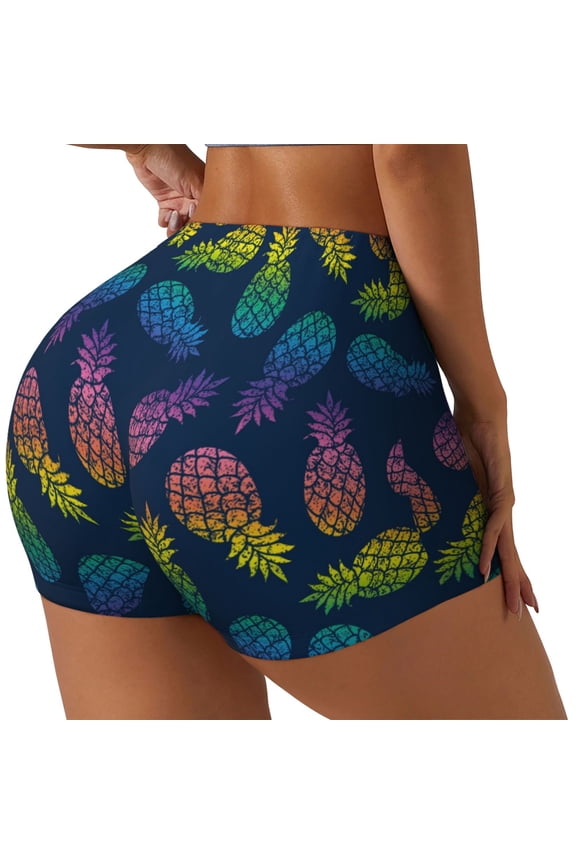 Retro Bright Pineapple Print Women's Sports Shorts, Elastic Waist High Stretch Running Yoga Gym Sweatpants-Large
