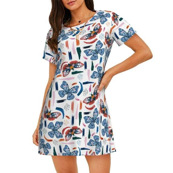 Gukieu Retro Butterfly Print Women's Nightgown, A-line Round Neck Short-sleeved Nightgown Pajamas Home Wear Suitable for Home and Outing