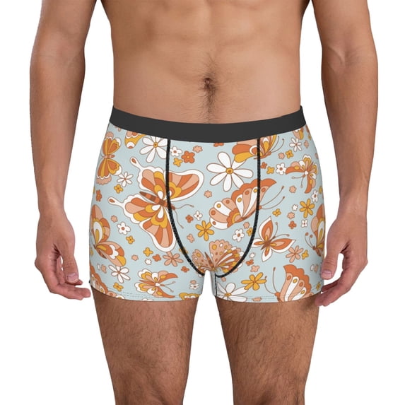 Gukieu Retro Floral Butterfly Print Men's Boxer Briefs, High Elastic Moisture Wicking Boxer Briefs Underwear-Medium