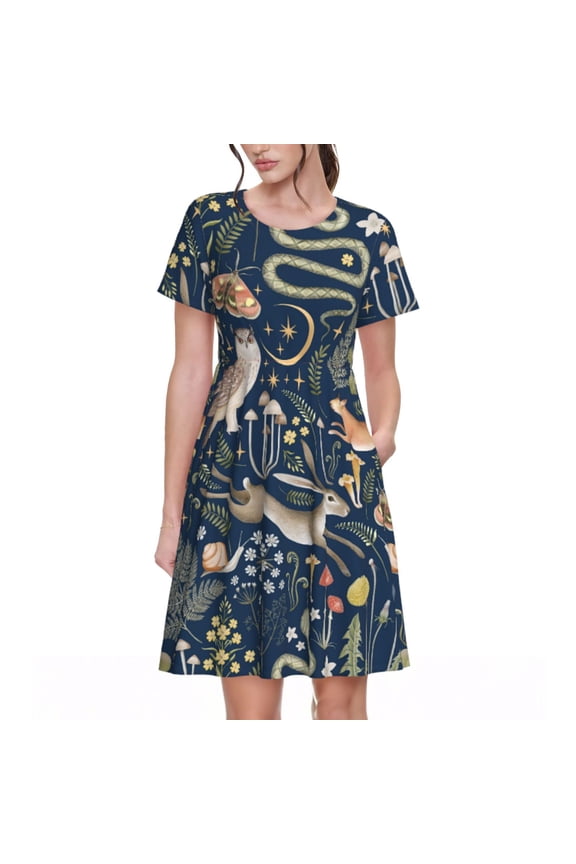 Retro Forest Animals Print Women's Short Sleeve Dress, Elastic Waistband A-line with Pockets Summer Dress, Suitable for Daily Leisure, Work, Vacation