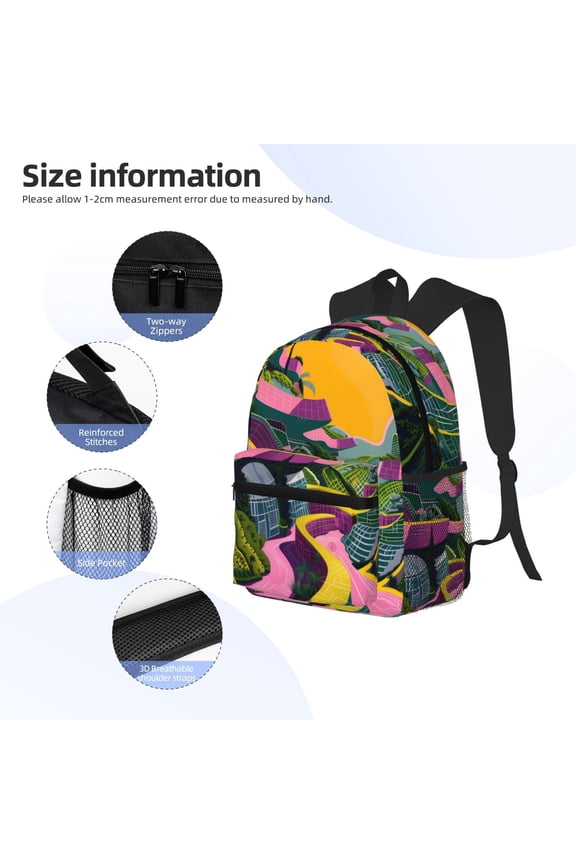 Retro Futuristic Landscape Print Backpack, Waterproof Backpack with Adjustable Shoulder Straps, Suitable for Campus, Business, Travel, Unisex