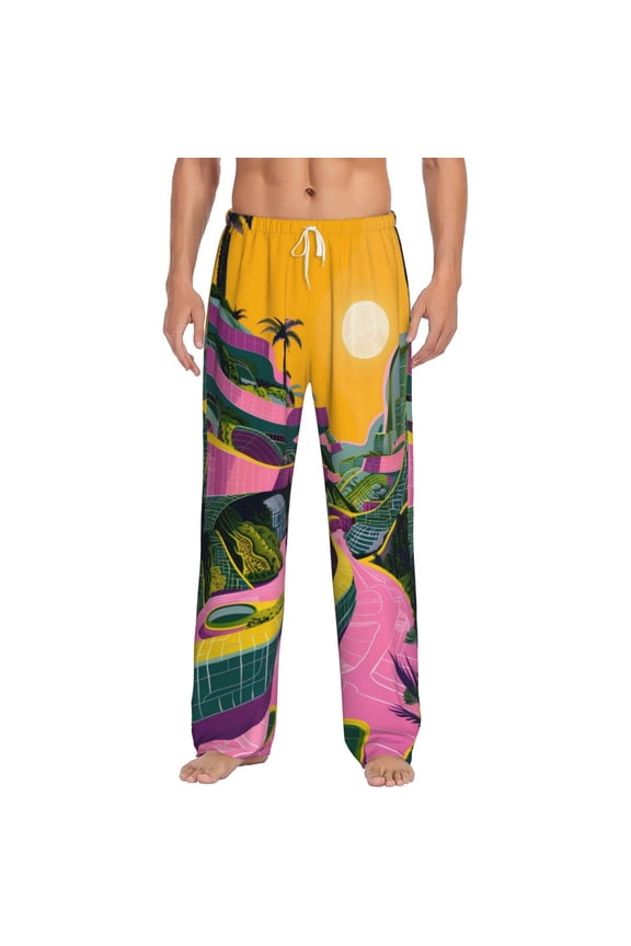 Retro Futuristic Landscape Print Men's Home Trousers, Elastic Drawstring Home Pajamas Clothing Suitable for Adult Men-3X-Large