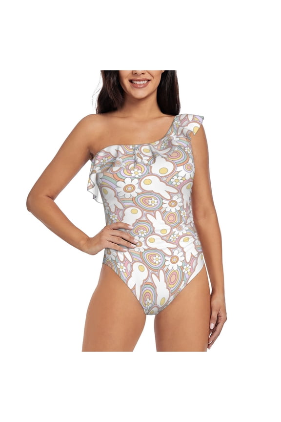 Retro Hippie Groovy Easter bunny Print One-shoulder Ruffled One-piece Swimsuit with Removable Chest Pads and Tummy-control Swimsuit for Women-Large