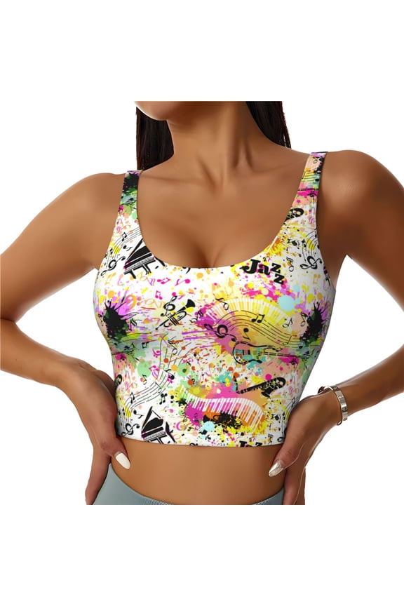 Retro Musical Print Women's Sports Vest, Low-neck U-shaped Removable Pad Sports Bra for Yoga, Exercise, Dance-Large
