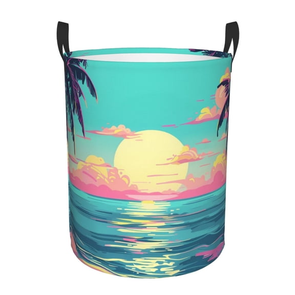 Gukieu Retro Palm Beach Sunset Print Round Dirty Clothes Bag, Waterproof Standing Home Bathroom Storage Basket Car Trunk Storage Bag-Small