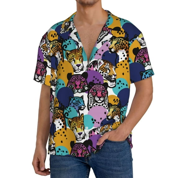 Gukieu Retro Panther Print Men's Short-sleeved Shirts, Button-down Pocket Shirts, T-shirts, Beach Vacation Travel Summer Clothing-Medium