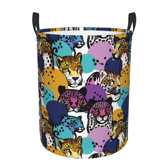 Gukieu Retro Panther Print Round Dirty Clothes Bag, Waterproof Standing Home Bathroom Storage Basket Car Trunk Storage Bag-Small