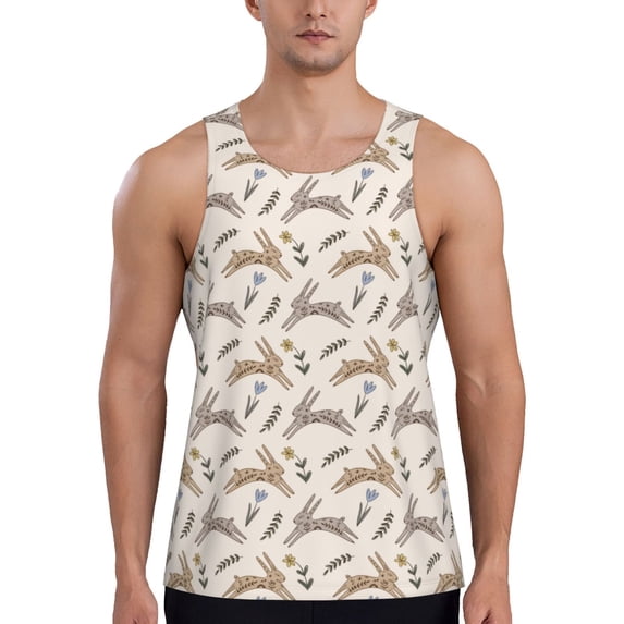 Gukieu Retro Rabbit Print Men's Quick Dry Fitness Vest, Round Neck Sleeveless Fitness Bodybuilding Top-Small