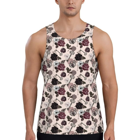 Gukieu Retro Red Black Roses Print Men's Quick Dry Fitness Vest, Round Neck Sleeveless Fitness Bodybuilding Top-Medium