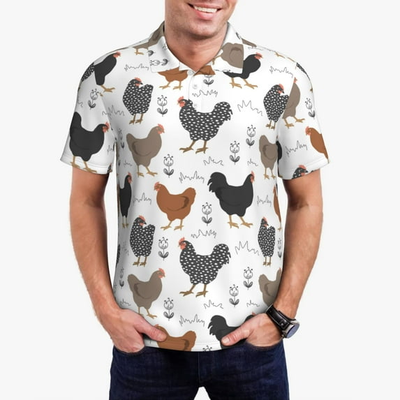 Gukieu Retro Rooster Print Men's Quick-drying POLO Shirt, Button-down Summer T-shirt, Suitable for Work and Outdoor Activities-Large