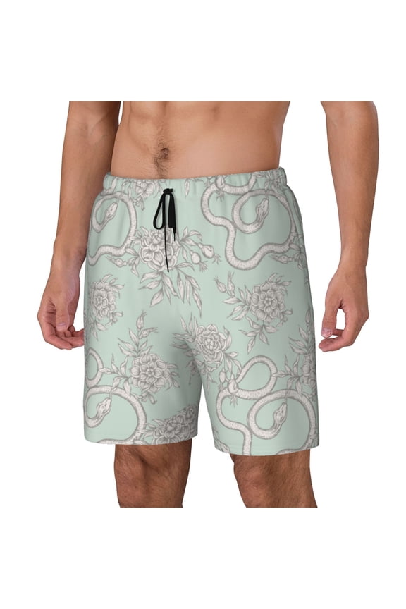 Retro Snake Print Men's Double Layer Sports Swim Trunks, Quick Dry Adjustable Waist Swim Shorts Swimwear-3X-Large