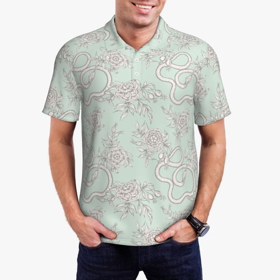 Gukieu Retro Snake Print Men's Quick-drying POLO Shirt, Button-down Summer T-shirt, Suitable for Work and Outdoor Activities-Small