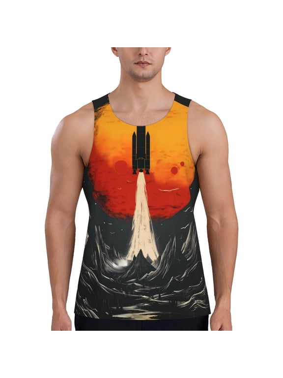 Retro Space Rocket Launch Print Men's Quick Dry Fitness Vest, Round Neck Sleeveless Fitness Bodybuilding Top-XX-Large